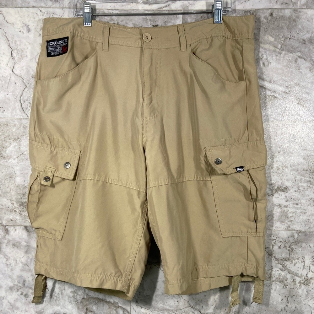 Ecko Unltd Men's Khaki Cargo Shorts Size 36 Relaxed Fit Zip Y2K Retro